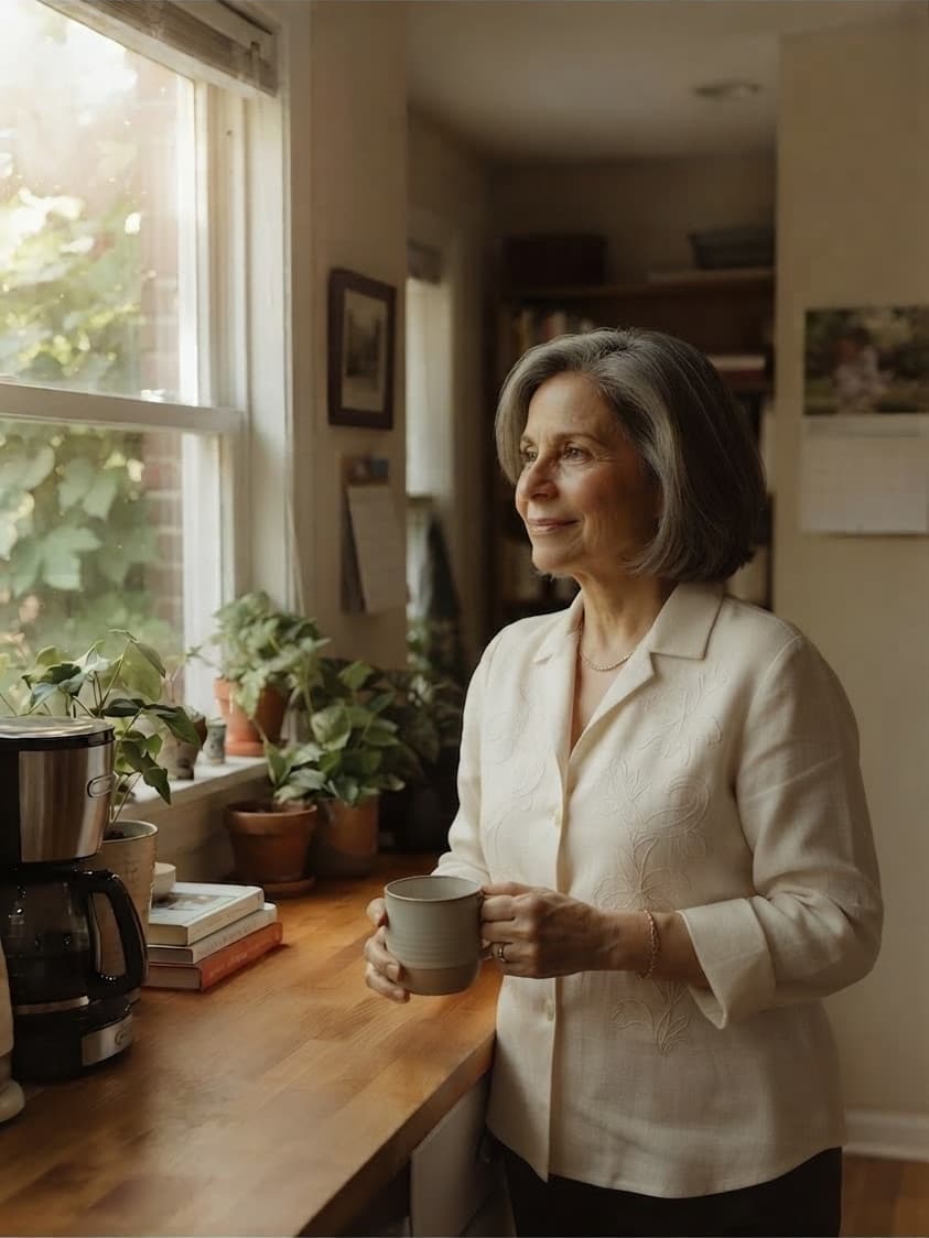 Adulta mayor sirviéndose un café en su cocina